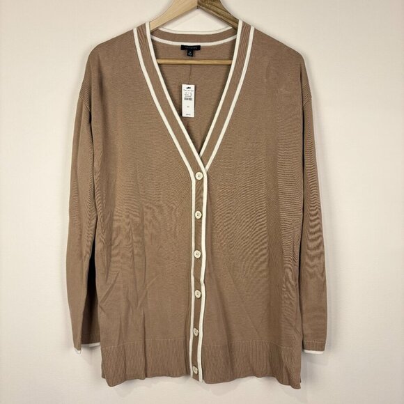 Sweaters - Talbots Tan White Preppy V-Neck Button Cardigan Old Money Cotton Blend